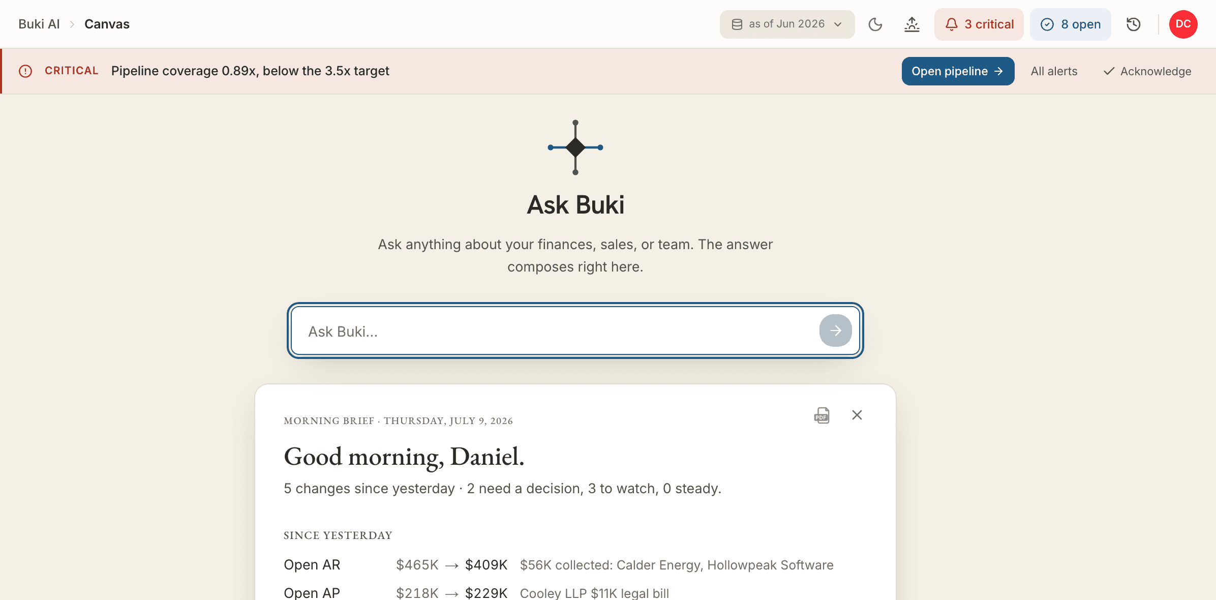Buki's home screen for the sample company: the Ask Buki box, then the morning brief with what changed since yesterday.
